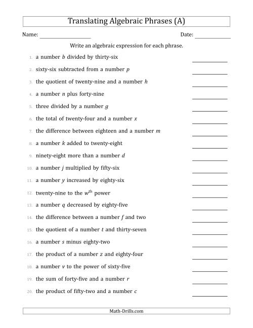 algebraic expressions worksheet