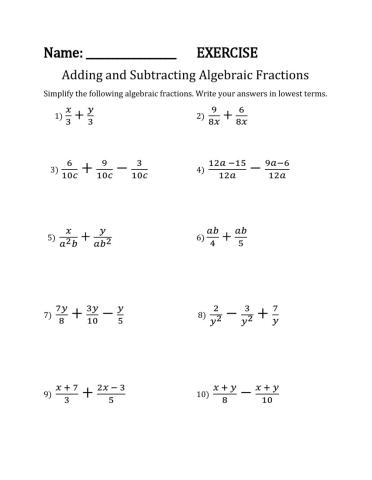 algebraic fractions worksheet