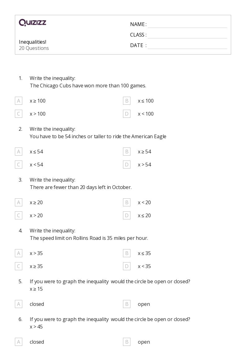50+ Inequalities worksheets for 5th Class on Quizizz | Free ...