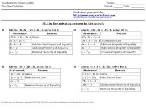 Four Algebraic Proof Charts Worksheet for 8th - 10th Grade ...