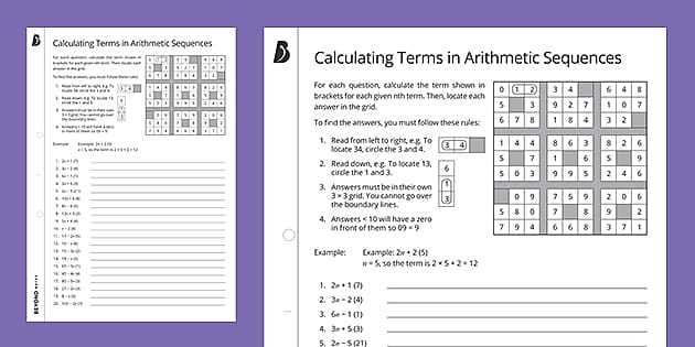 ? Calculating Terms in Arithmetic Sequences Worksheet | Beyond