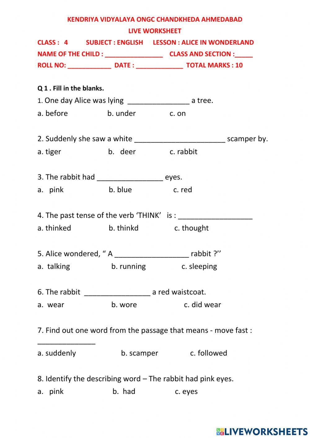 Alice In Wonderland Worksheets Worksheets Library