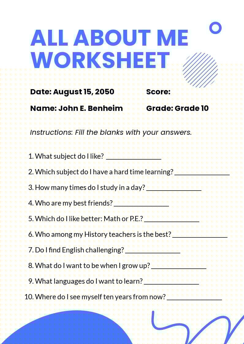 all about me worksheet high school