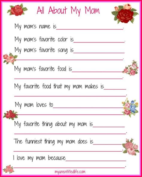 All About My Mom Questionnaire | Mothers Day Printable Craft for ...