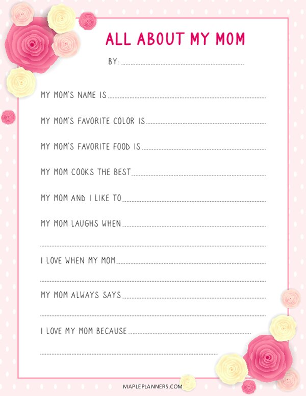 Printable All About Mom Page - Lesson Plans