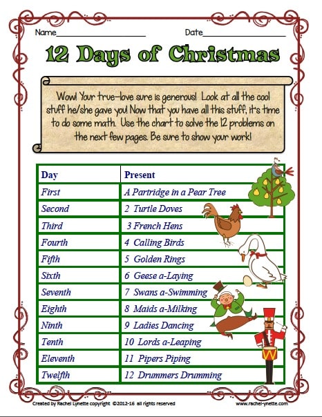 Twelve Days of Christmas Math Story Problems - Classroom Freebies