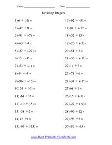 Dividing Integers Worksheet for 7th Grade | Lesson Planet