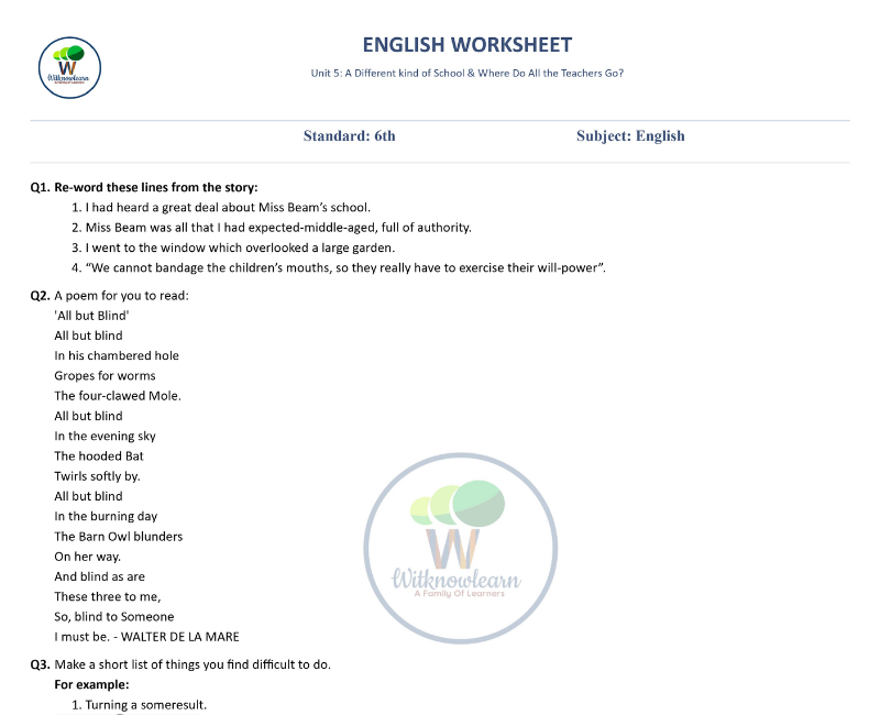 Class 6 English A Different kind of school Worksheet with Answer