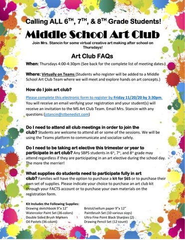 Middle School Virtual Art Club by St. Benedict Parish and ...