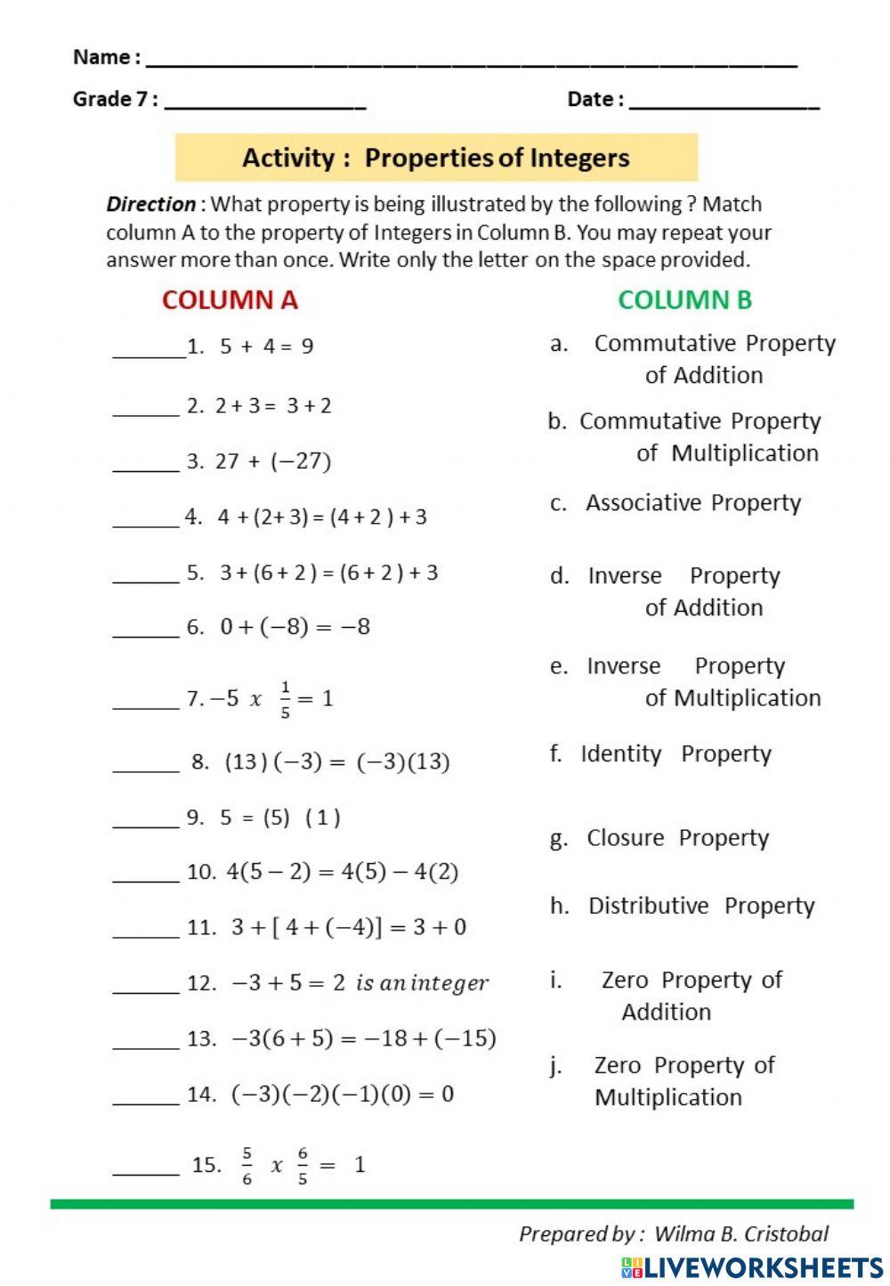 Properties of Operation in Integers worksheet | Live Worksheets ...