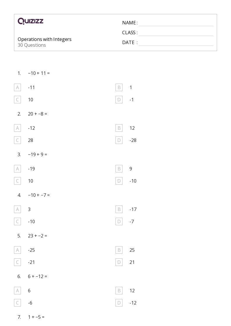 all operations with integers worksheet
