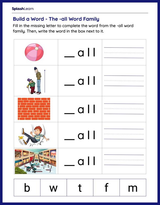Build a Word - The -all Word Family - Printable Reading Worksheet