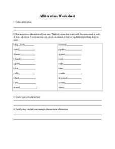 Alliteration Worksheet Worksheet for 4th - 6th Grade | Lesson Planet