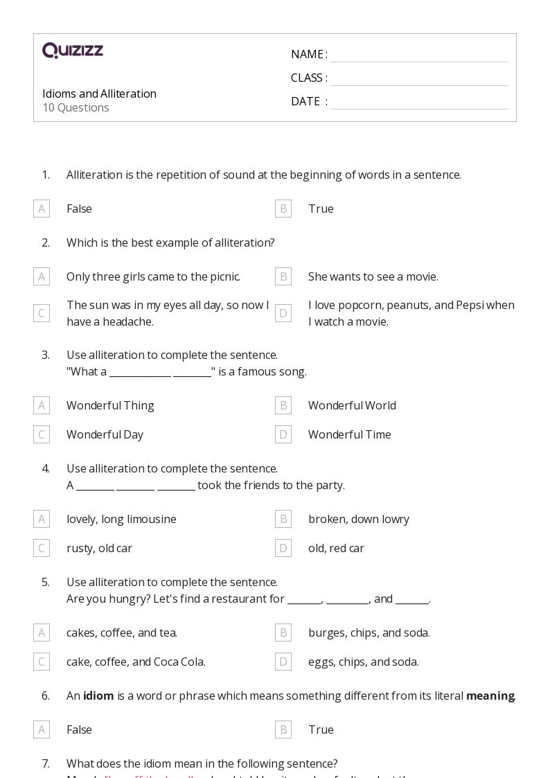 50+ Alliteration worksheets for 4th Grade on Quizizz | Free ...