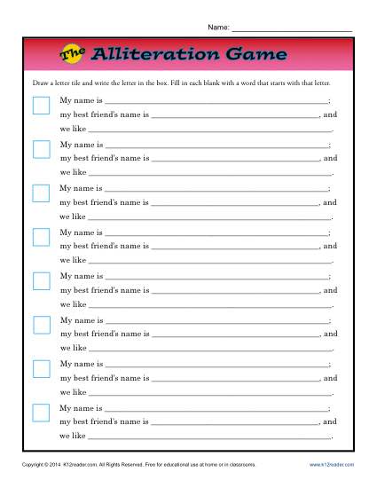Alliteration Game | 2nd and 3rd Grade Worksheets