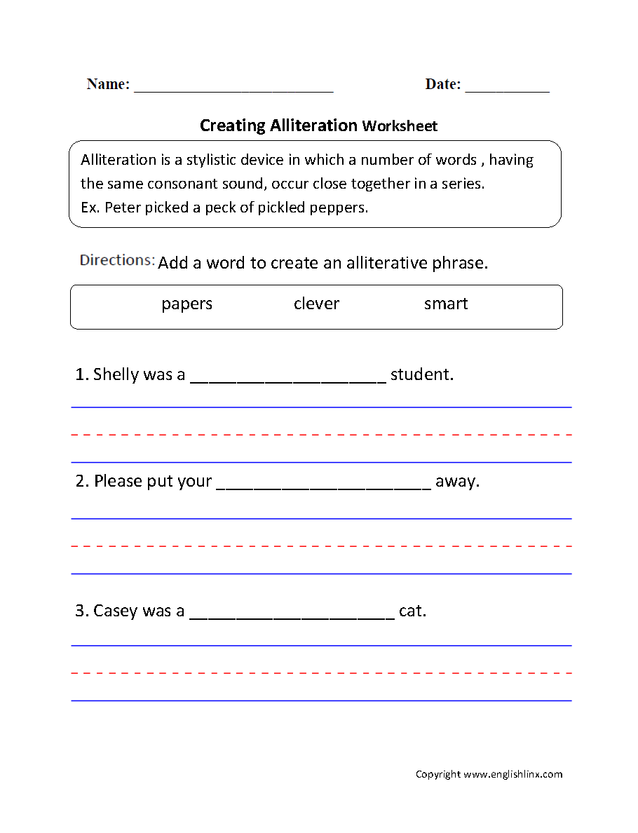 alliteration worksheet for 3rd grade