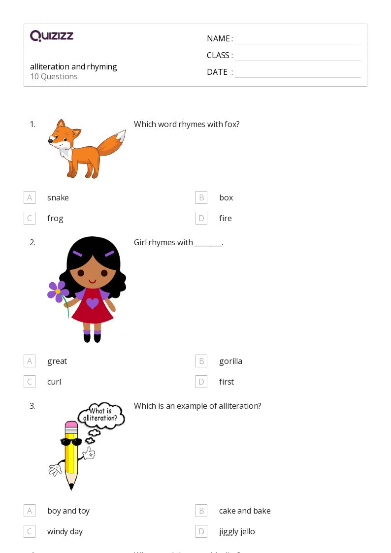 alliteration worksheet for 3rd grade