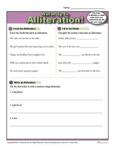 Warm Up to Alliteration! Worksheet for 2nd - 3rd Grade | Lesson Planet