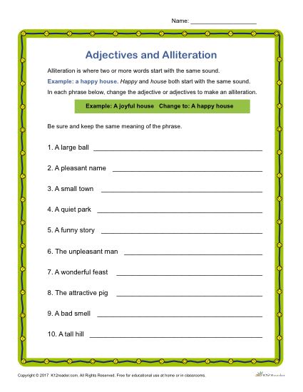 Adjectives and Alliteration | Printable Parts of Speech Activity