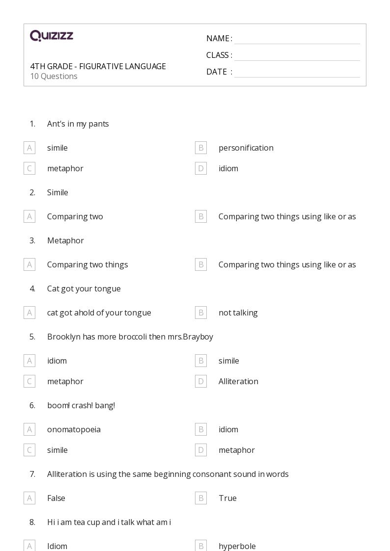 alliteration worksheet for 4th grade