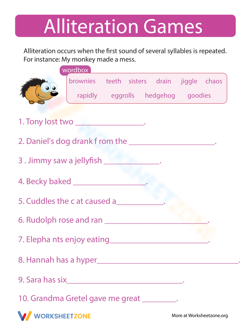 alliteration worksheet for 4th grade
