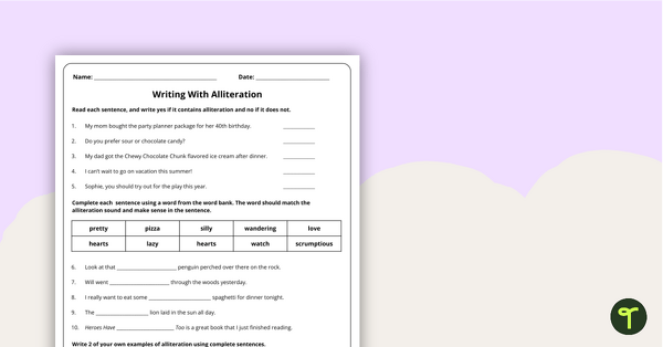 alliteration worksheet for 5th grade