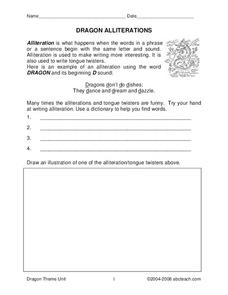 Dragon Alliterations Worksheet for 3rd - 5th Grade | Lesson Planet