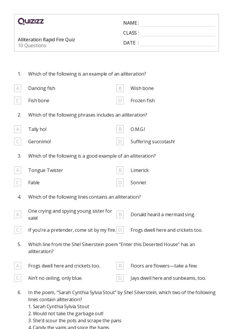 alliteration worksheet for 5th grade