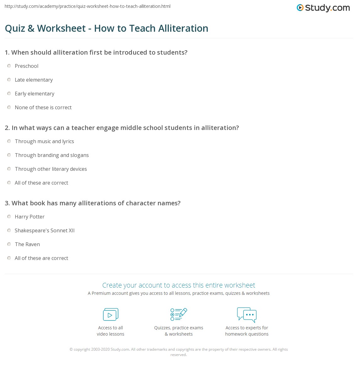 Quiz &  Worksheet - How to Teach Alliteration | Study.com