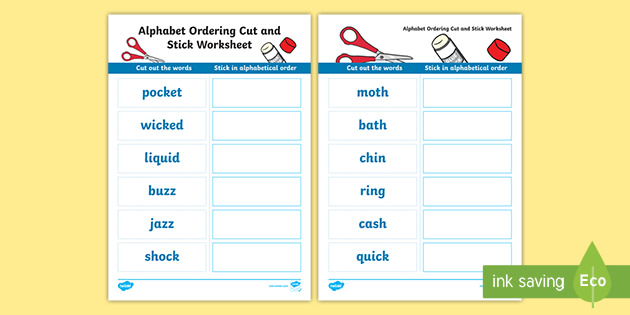 Alphabet Ordering Cut and Stick Worksheet (teacher made)