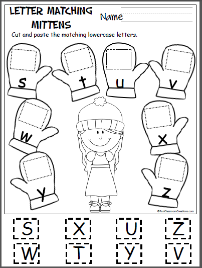 Free Alphabet Worksheets Mitten Matching (s-z) | Made By Teachers