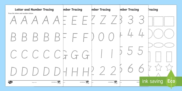 Letters Numbers and Shapes Tracing Worksheets (teacher made)
