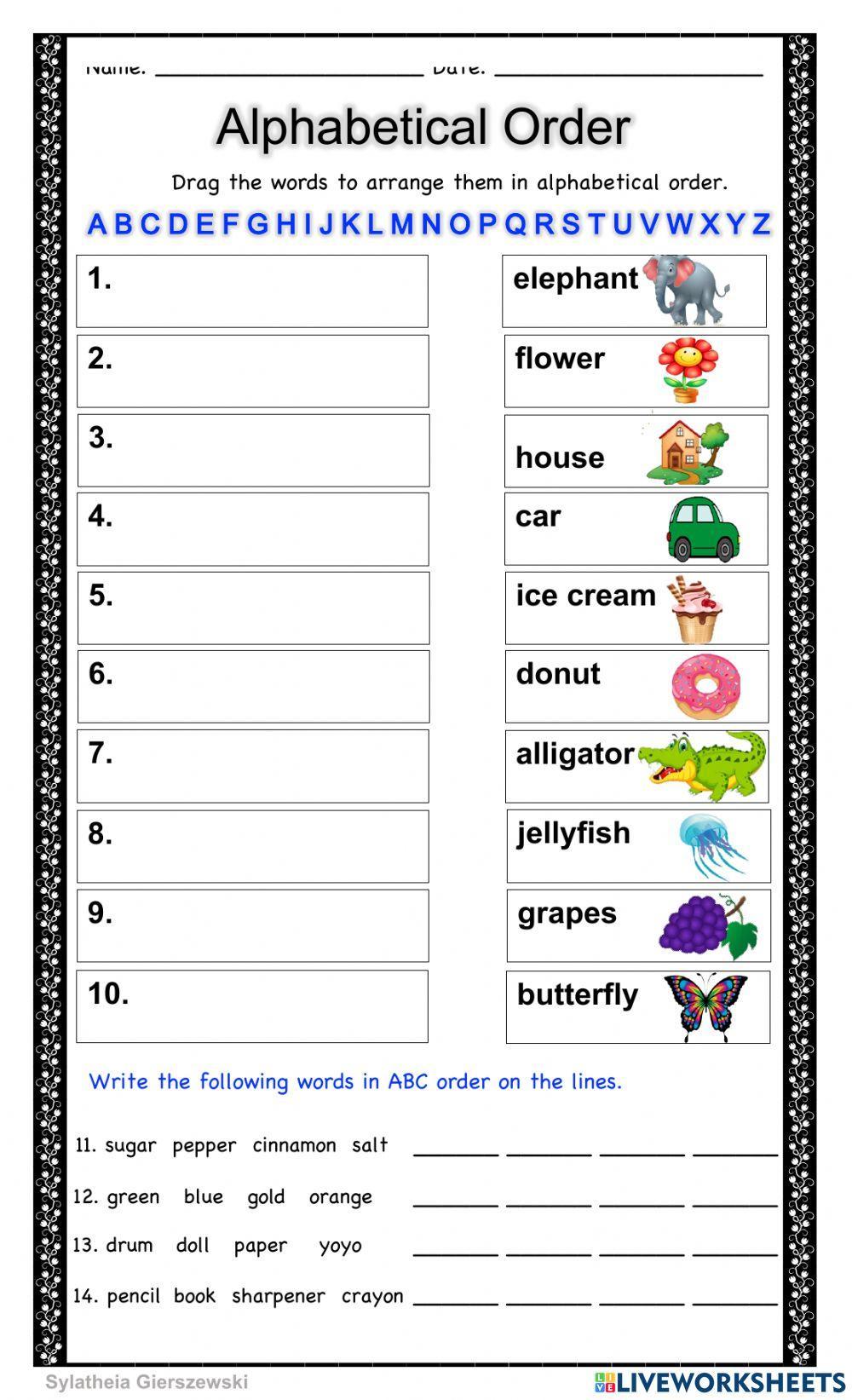 Alphabetical Order online pdf worksheet for 3  