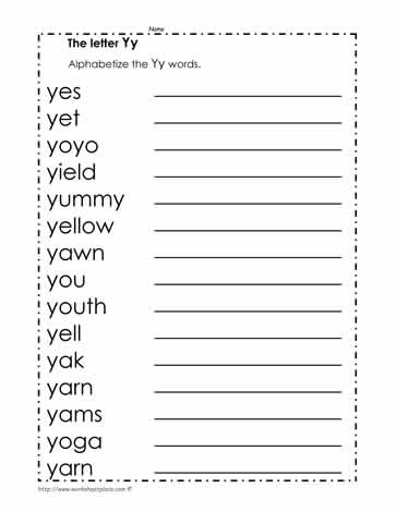 Alphabetize the Words with Y Worksheets