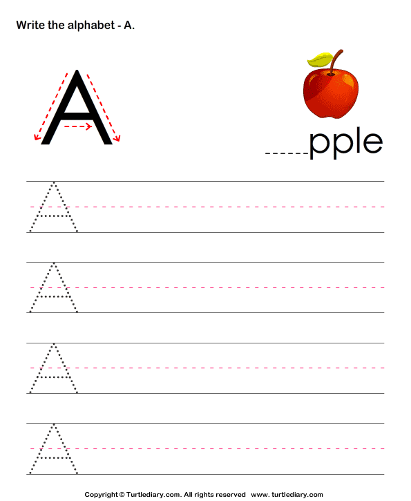 Uppercase Alphabet Writing Practice A | Turtle Diary Worksheet