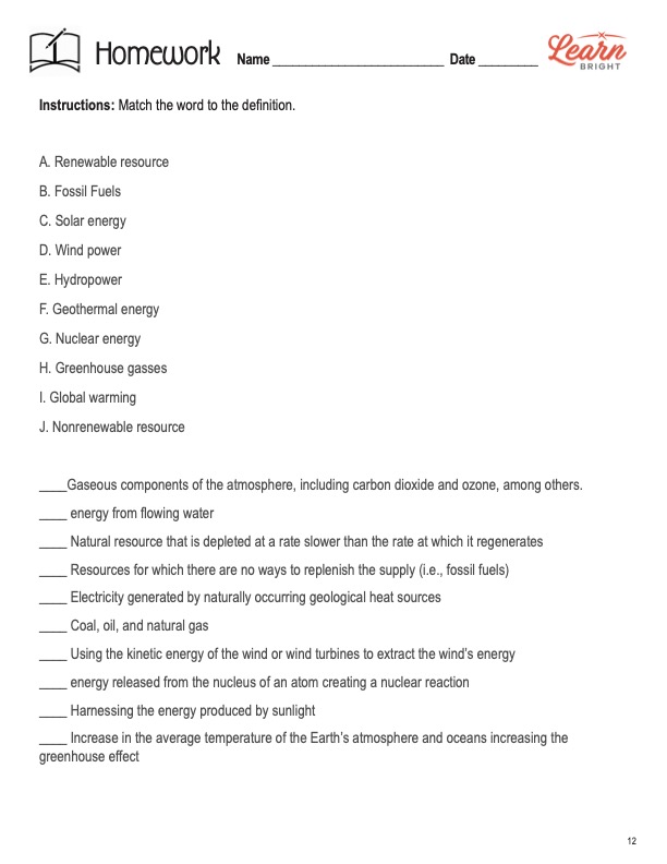 alternative energy worksheet