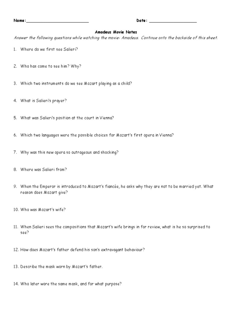 amadeus movie worksheet