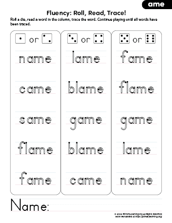 ame word family worksheet