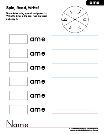 ame word family worksheet