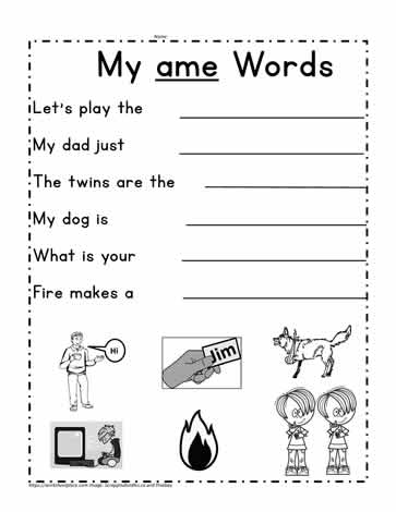 ame word family worksheet