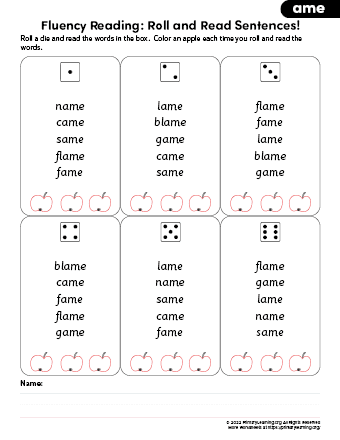 ame word family worksheet