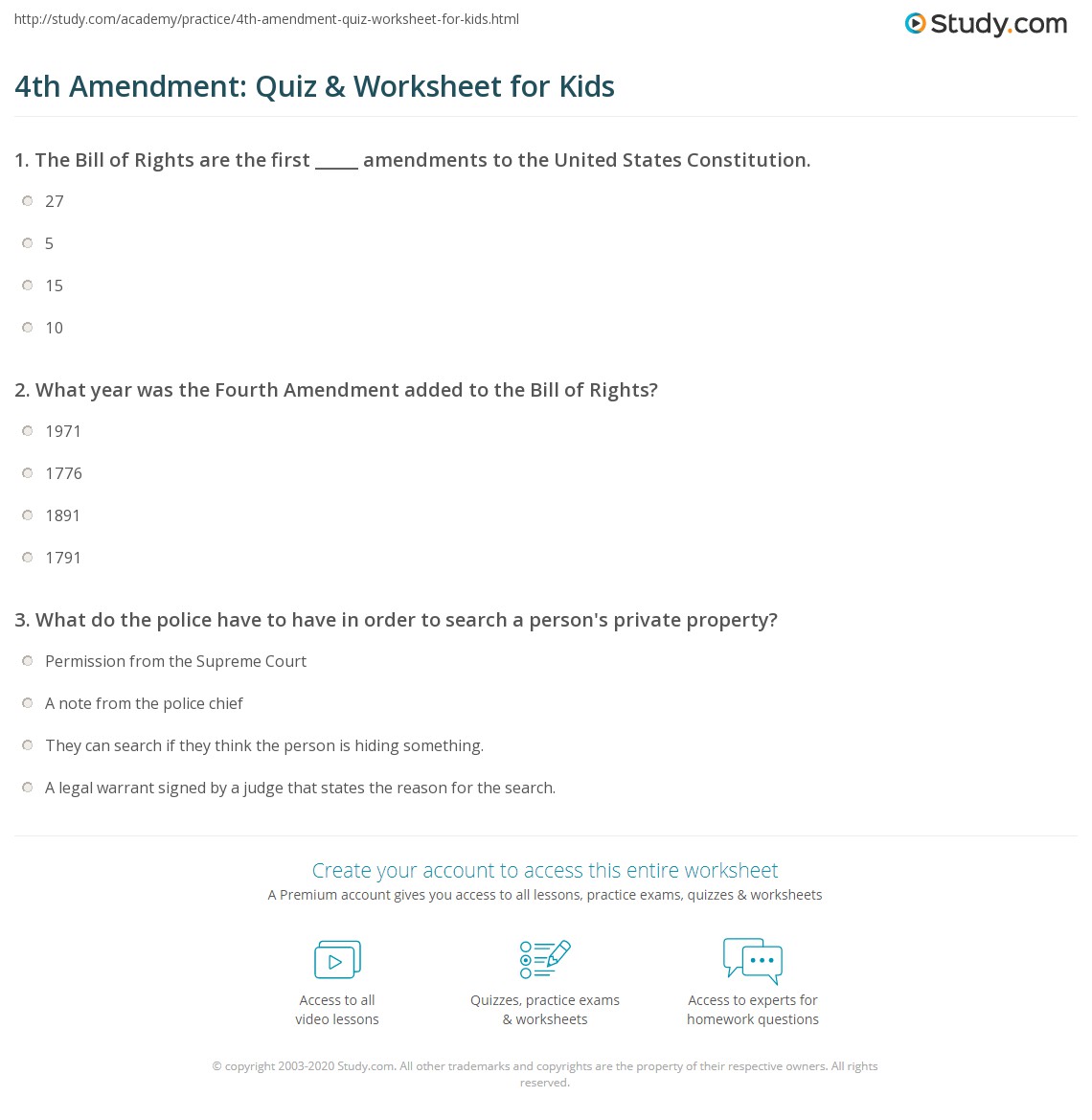 4th Amendment: Quiz &  Worksheet for Kids | Study.com