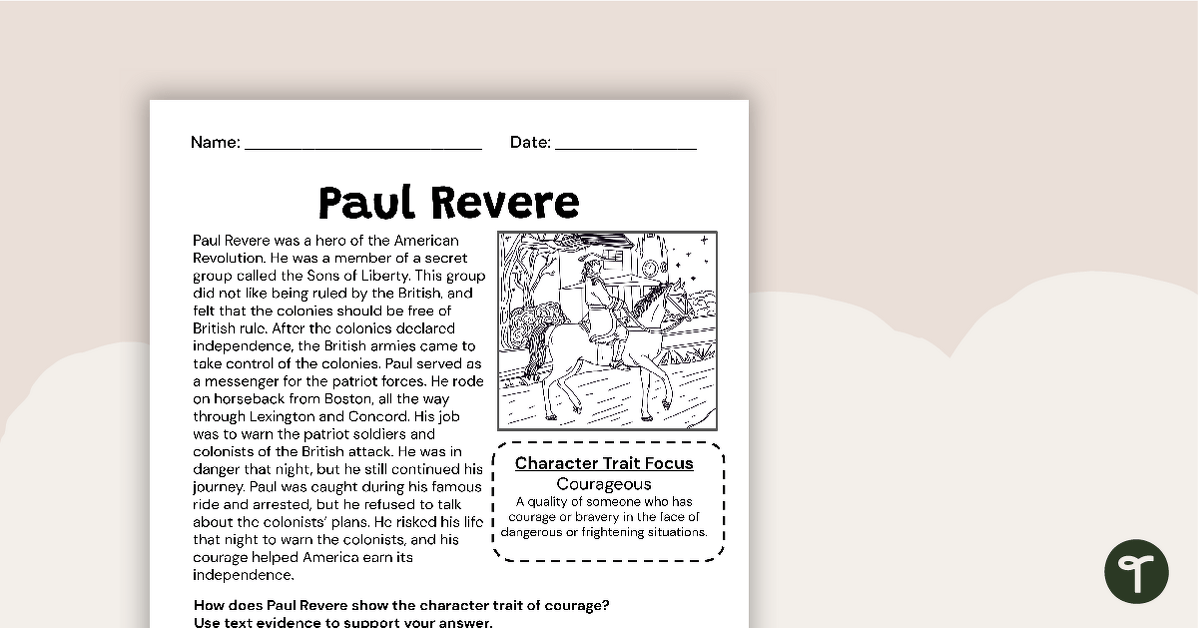 Paul Revere Constructed Response Worksheet | Teach Starter