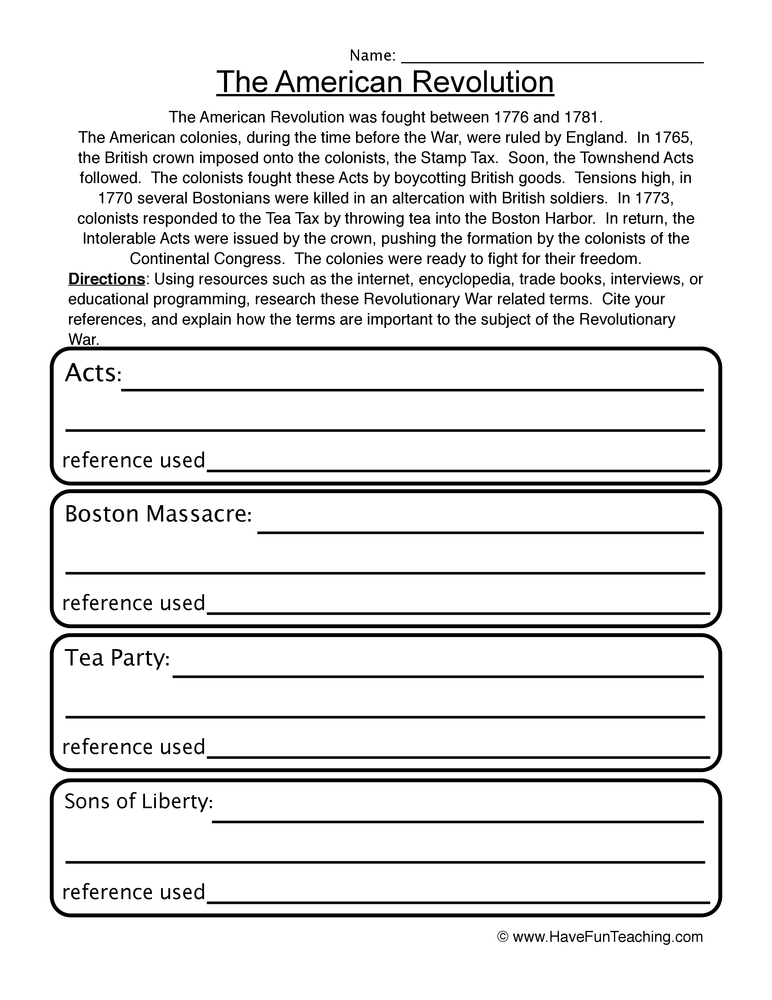 american revolution worksheet