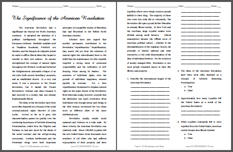 Significance of the American Revolution Reading with Questions ...