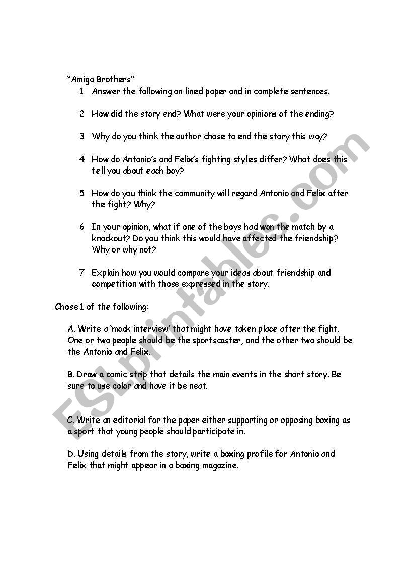 amigo brothers worksheet