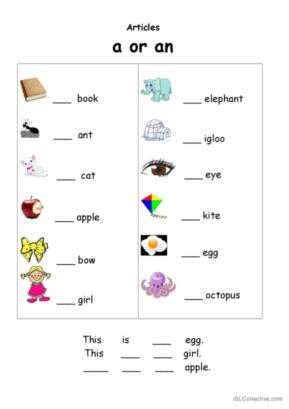 181 Articles: indefinite articles (a/an) English ESL workshe…