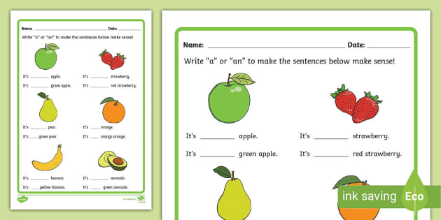 A or An Worksheet - Fruit KS1 (Lehrer gemacht) - Twinkl