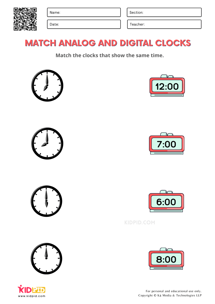 Match Analog &  Digital Clocks Time Worksheets for Grade 1 - Kidpid