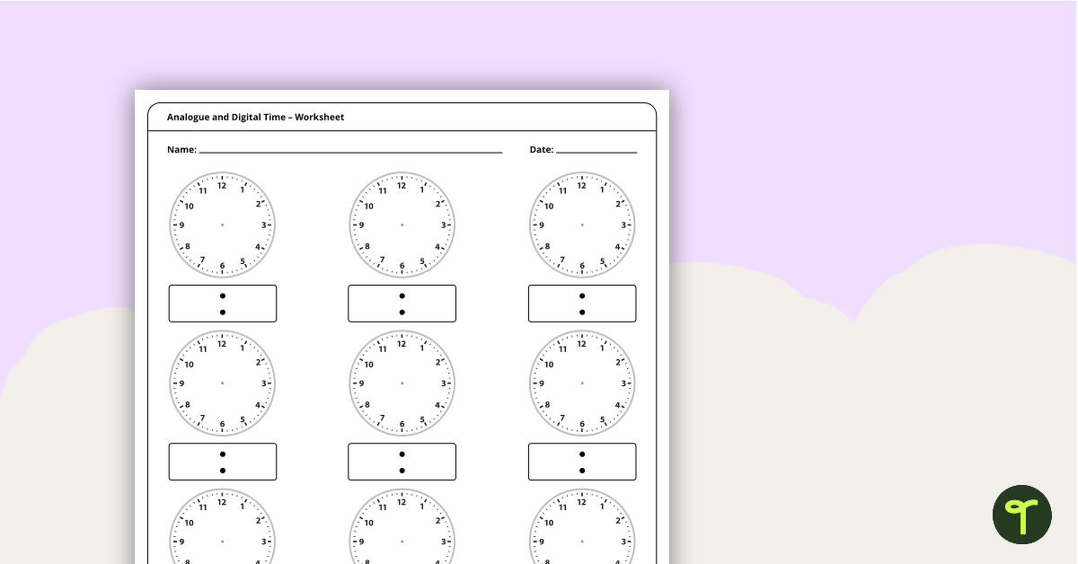 Blank Digital and Analogue Clock Worksheet Teach Starter Worksheets